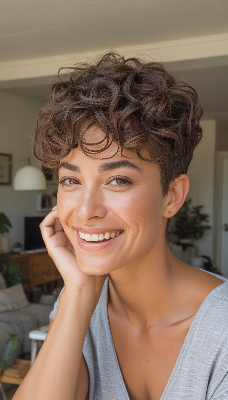 A woman with curly short hair and a longer top layer smiling naturally in a casual indoor setting.
