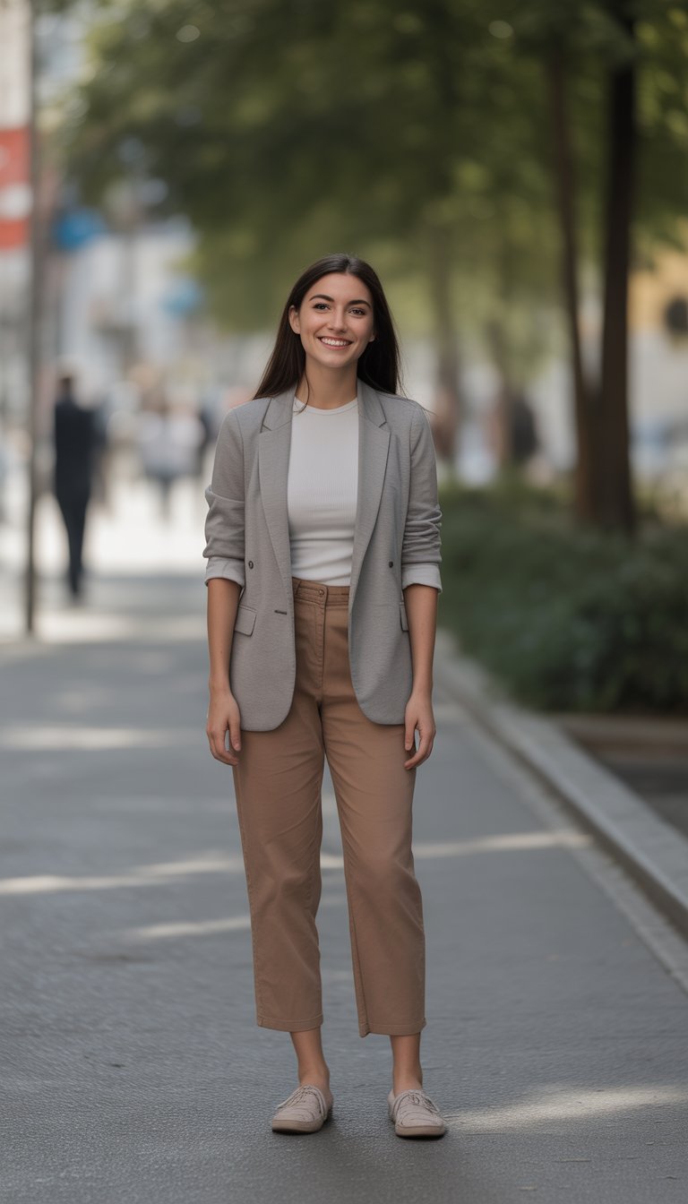 A young woman stands full body on a city street wearing professional interview attire, smiling gently with a relaxed posture.