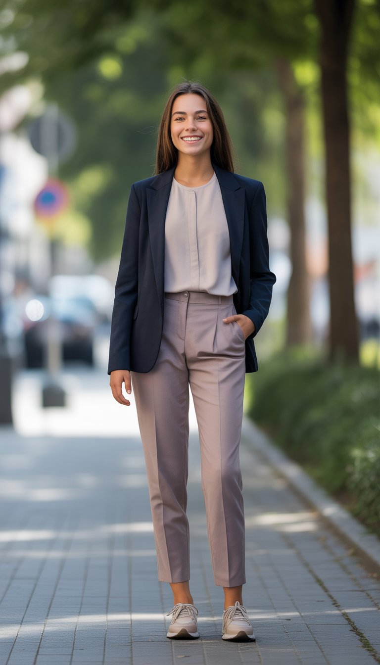 A young woman stands outdoors on a city sidewalk, wearing smart-casual interview clothes, looking confidently ahead.