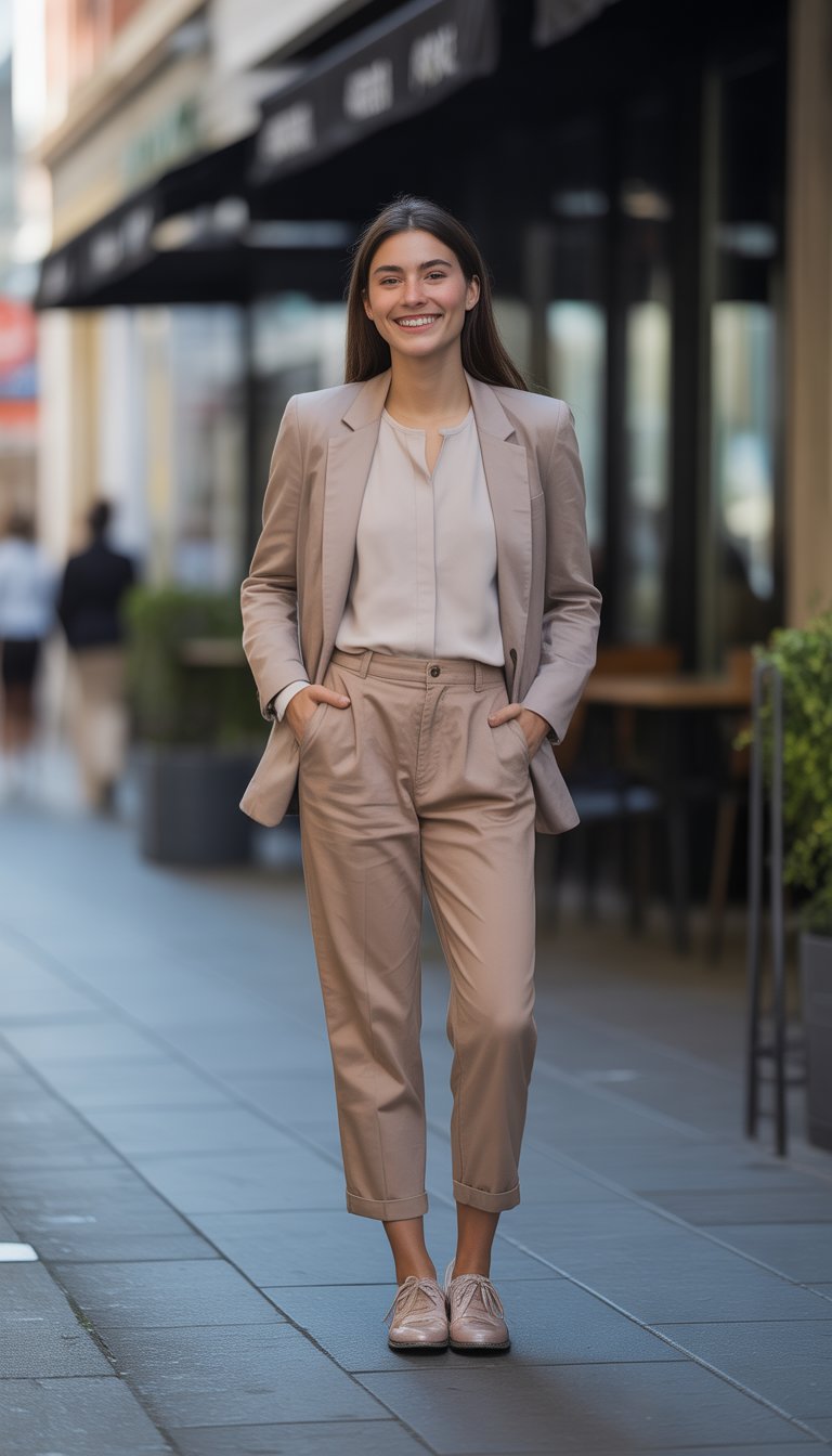 A young woman standing outdoors in a city setting, wearing a professional outfit, looking relaxed and confident.