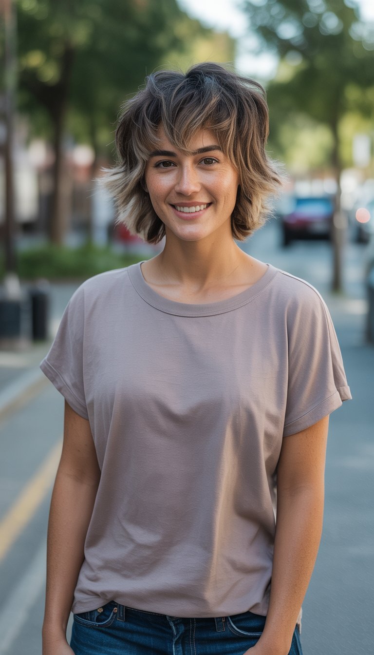 A young woman stands outdoors in a casual setting, shown head to toe with a natural expression.