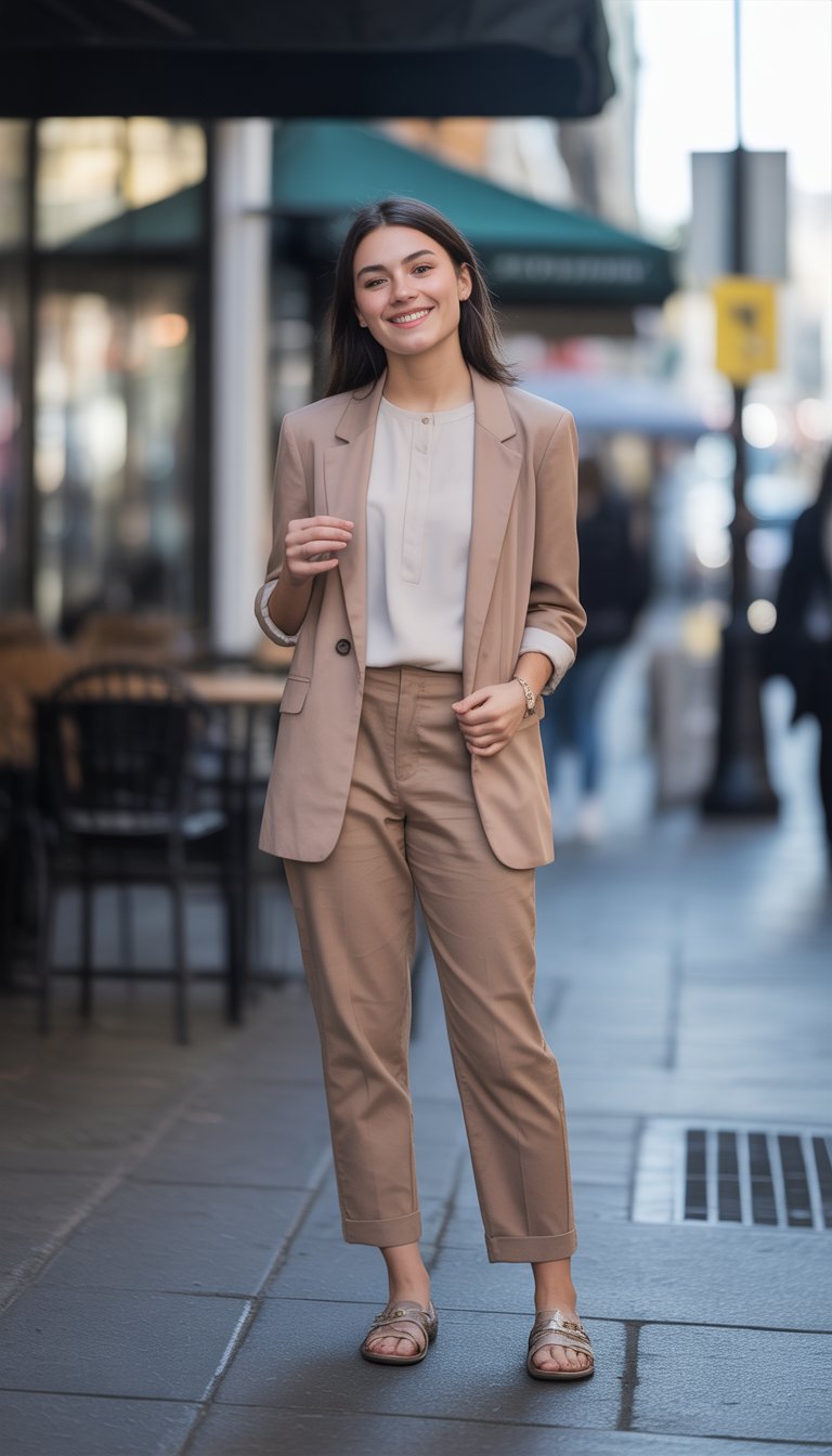 A young woman stands full body on a city sidewalk wearing a professional outfit, smiling gently with a relaxed posture.