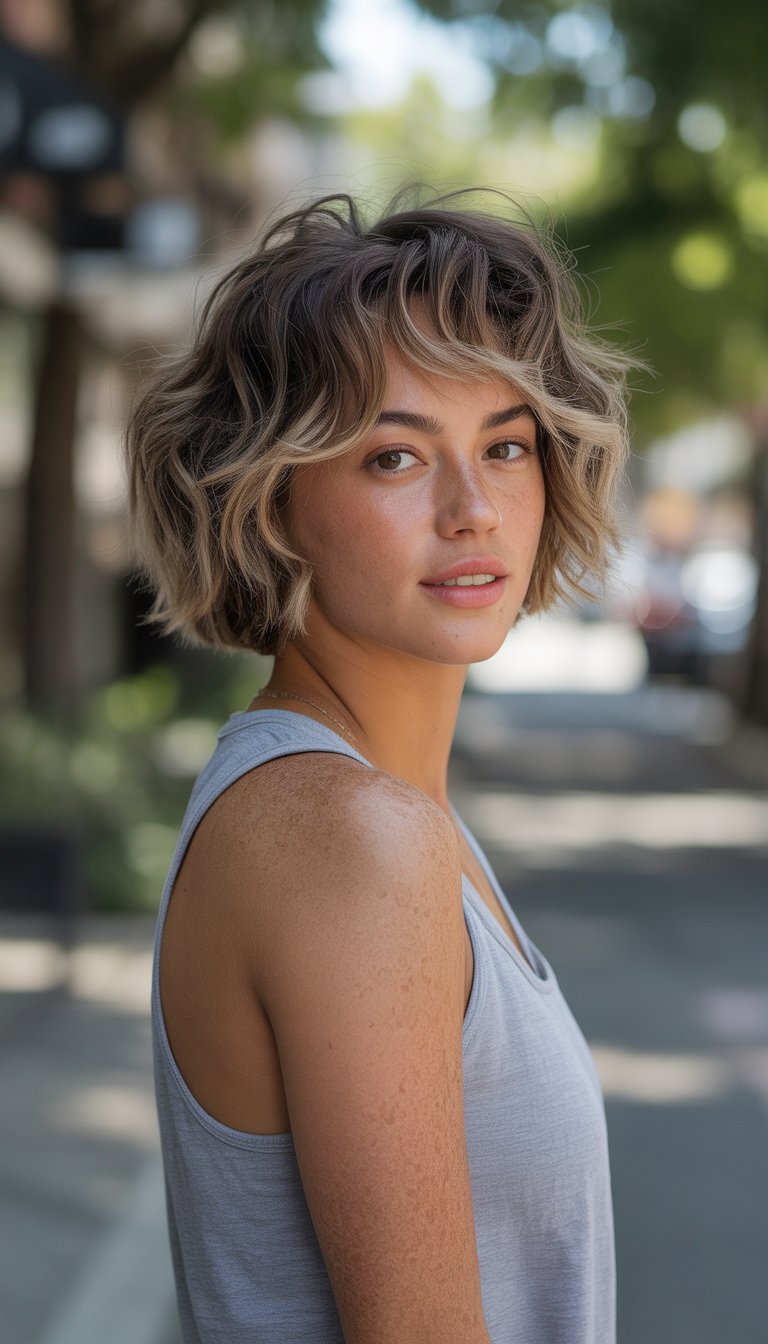 A young woman standing outdoors on a quiet street, shown from head to toe, with wavy hair and a relaxed expression.