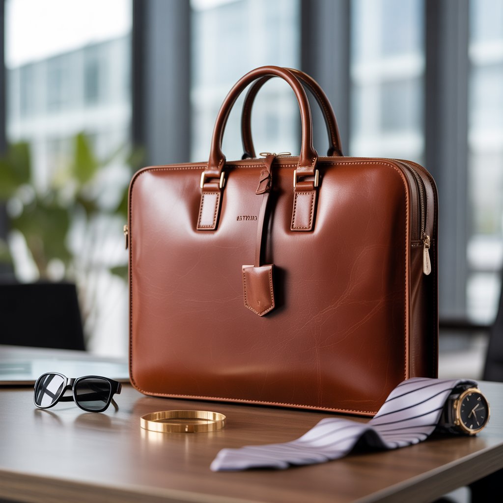 A leather briefcase on a wooden desk with clothing accessories and a blurred office background.