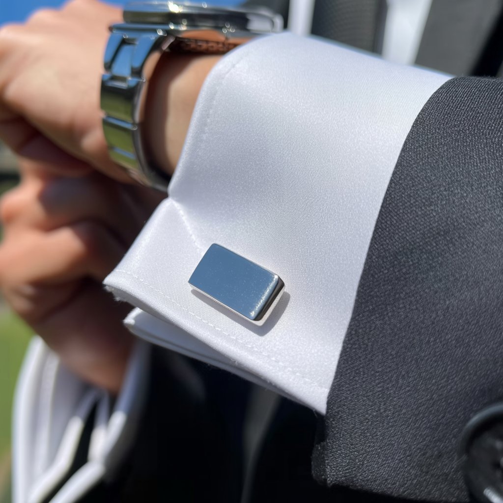 Close-up of a person's wrist wearing bold silver cufflinks on a white dress shirt cuff with a dark suit sleeve in the background.