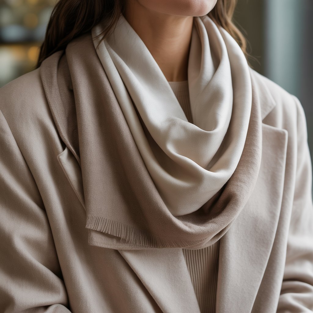 Close-up of a person wearing a soft cashmere scarf in neutral tones around their neck, paired with a light-colored sweater or coat.