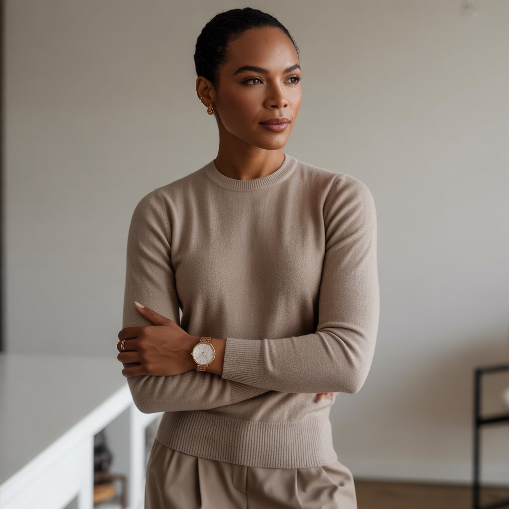A person wearing a fitted cashmere sweater and elegant accessories, standing confidently against a plain background.