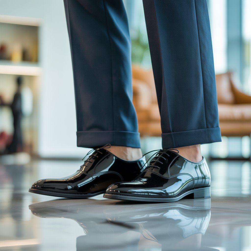 A close-up of polished black patent leather oxford shoes worn with dark tailored trousers on a modern floor.