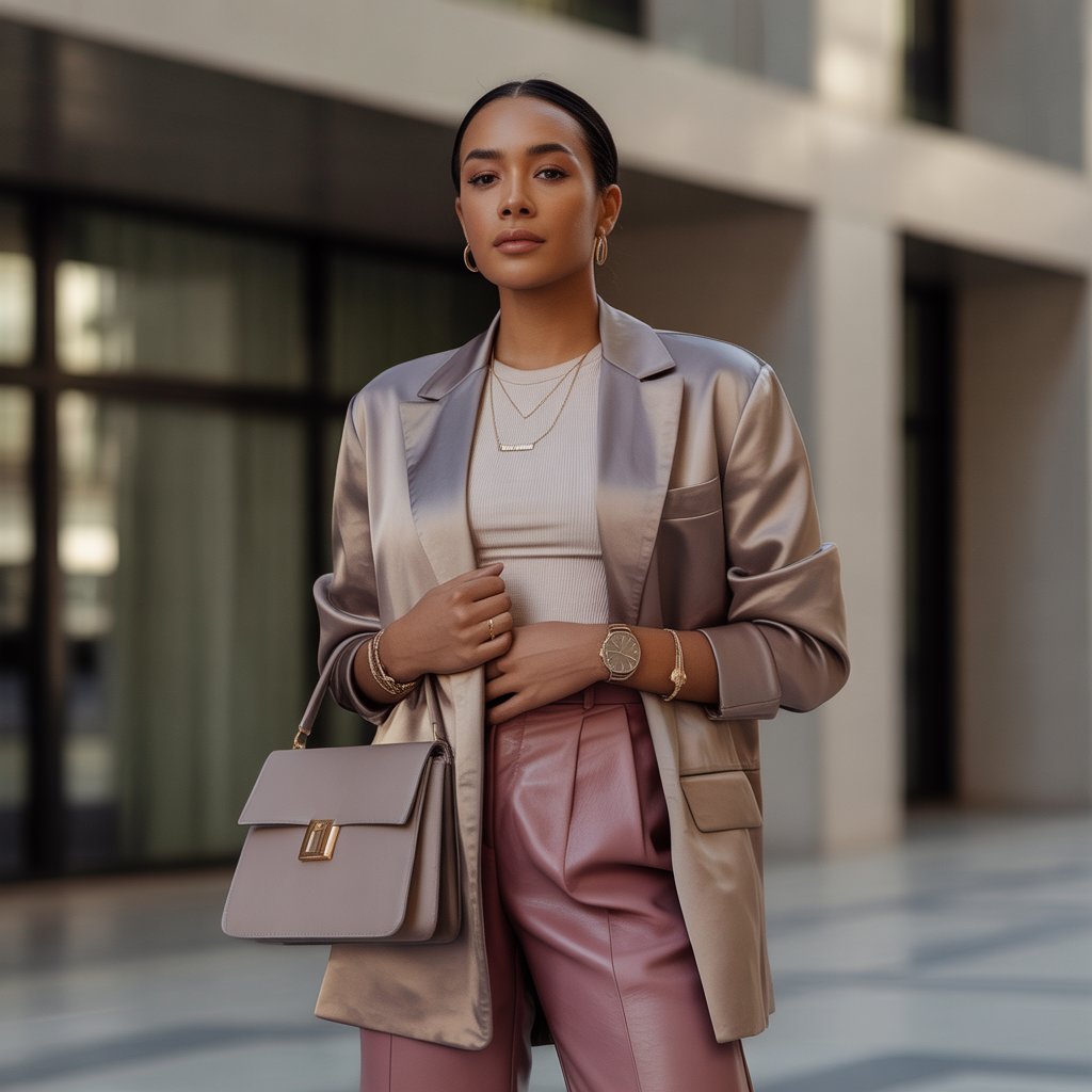 A confident person standing outdoors in a stylish monochromatic outfit with accessories in an urban setting.