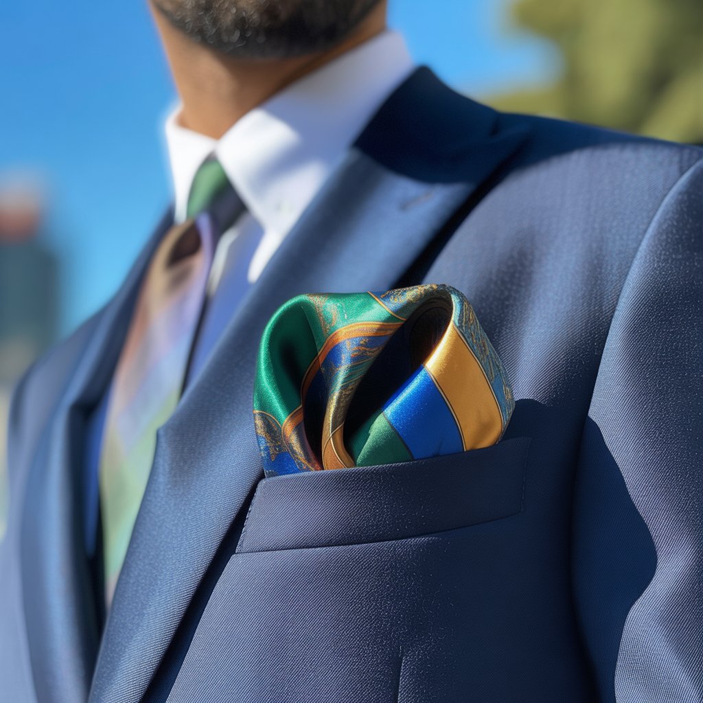 Close-up of a silk pocket square folded in the breast pocket of a navy blue blazer over a white dress shirt.