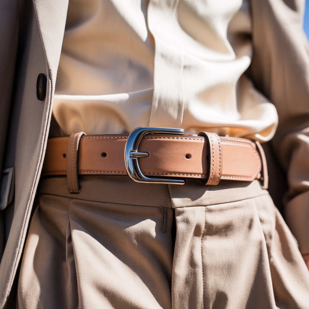 Close-up of a person wearing a structured leather belt with a sleek metal buckle over tailored clothing.