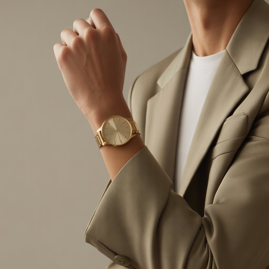 Close-up of a wrist wearing a minimalist gold watch, paired with a stylish outfit including a blazer and white shirt.