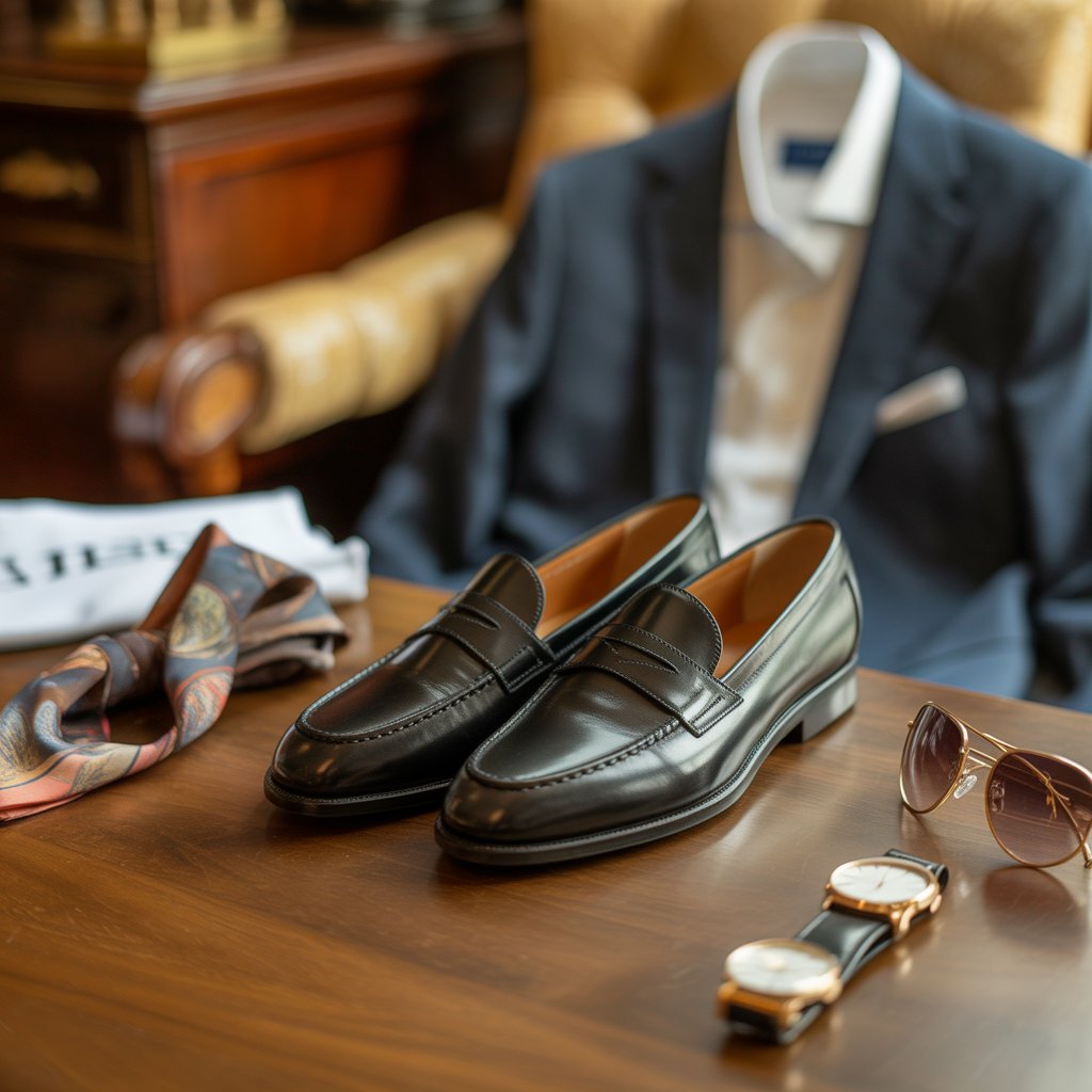 A pair of luxury leather loafers on a wooden floor surrounded by a silk scarf, gold watch, sunglasses, a white dress shirt, and a navy blazer.