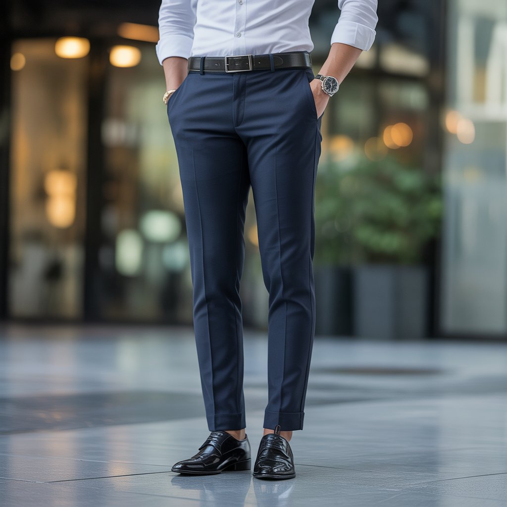 A person wearing slim-fit designer trousers standing confidently in an urban setting.