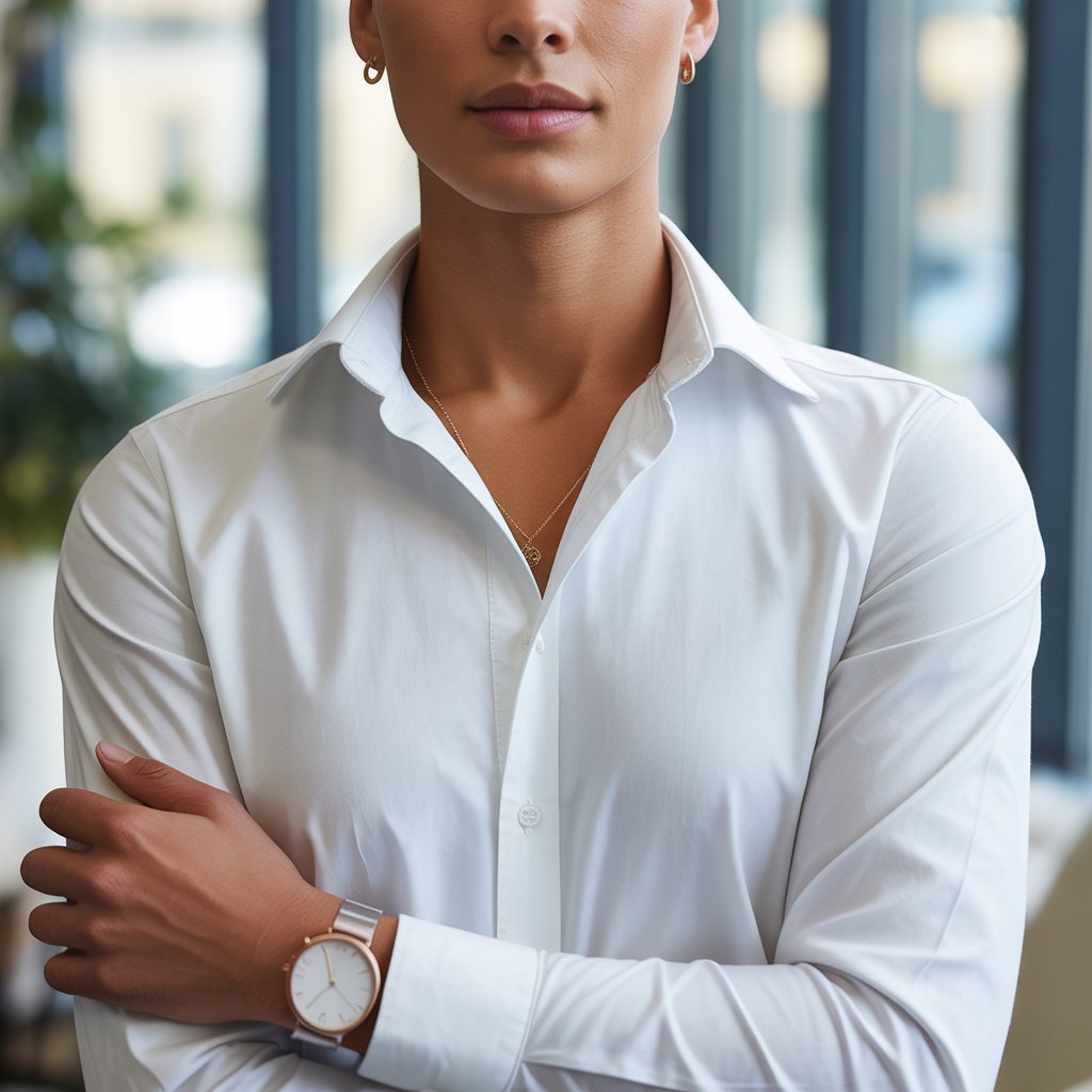 A person wearing a crisp white button-down shirt in a bright, modern indoor setting.