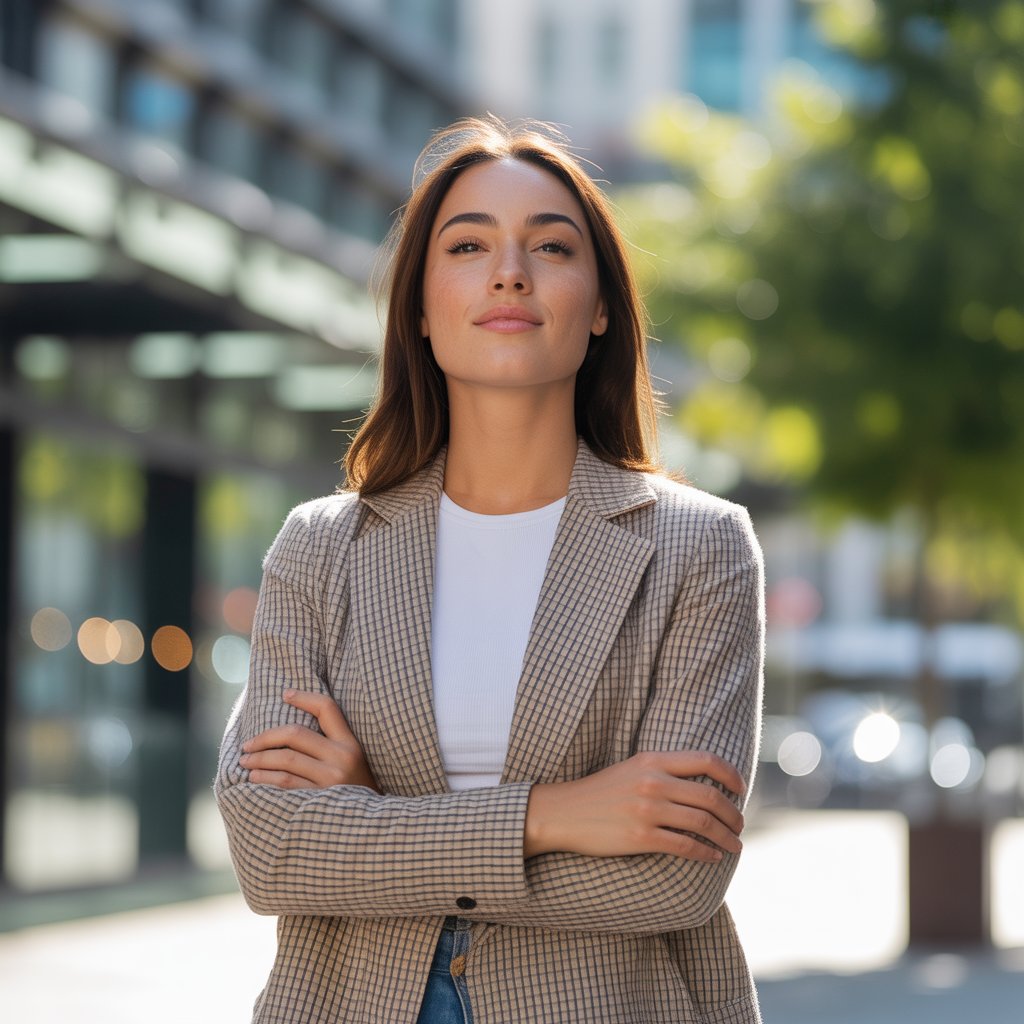 A confident young woman standing outdoors in a city, wearing a stylish outfit and smiling slightly.