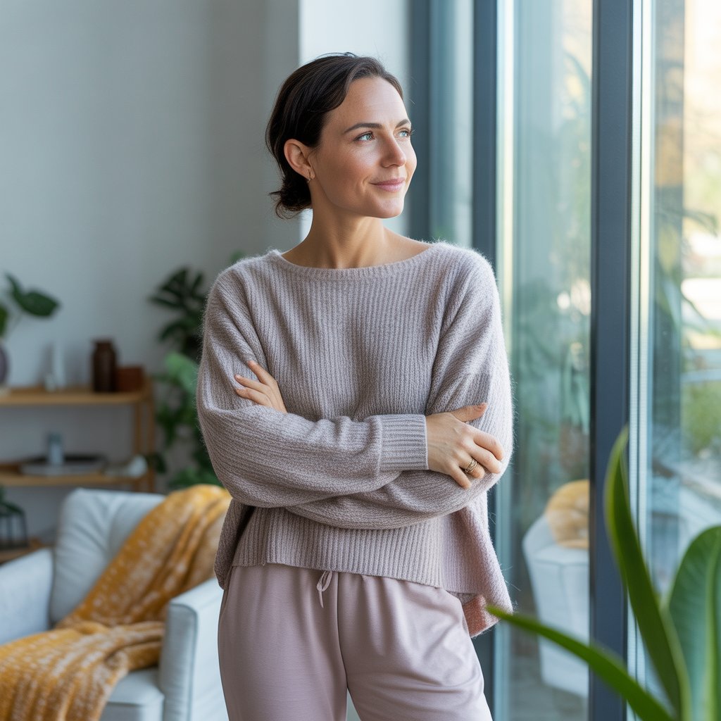 A woman wearing comfortable clothes stands in a bright living room, looking thoughtfully out of a window with sunlight streaming in.