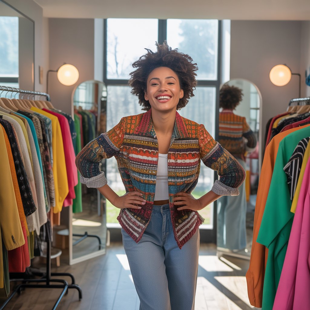 A young woman smiling while trying on a colorful, eclectic outfit in a bright dressing room with clothing racks and mirrors.