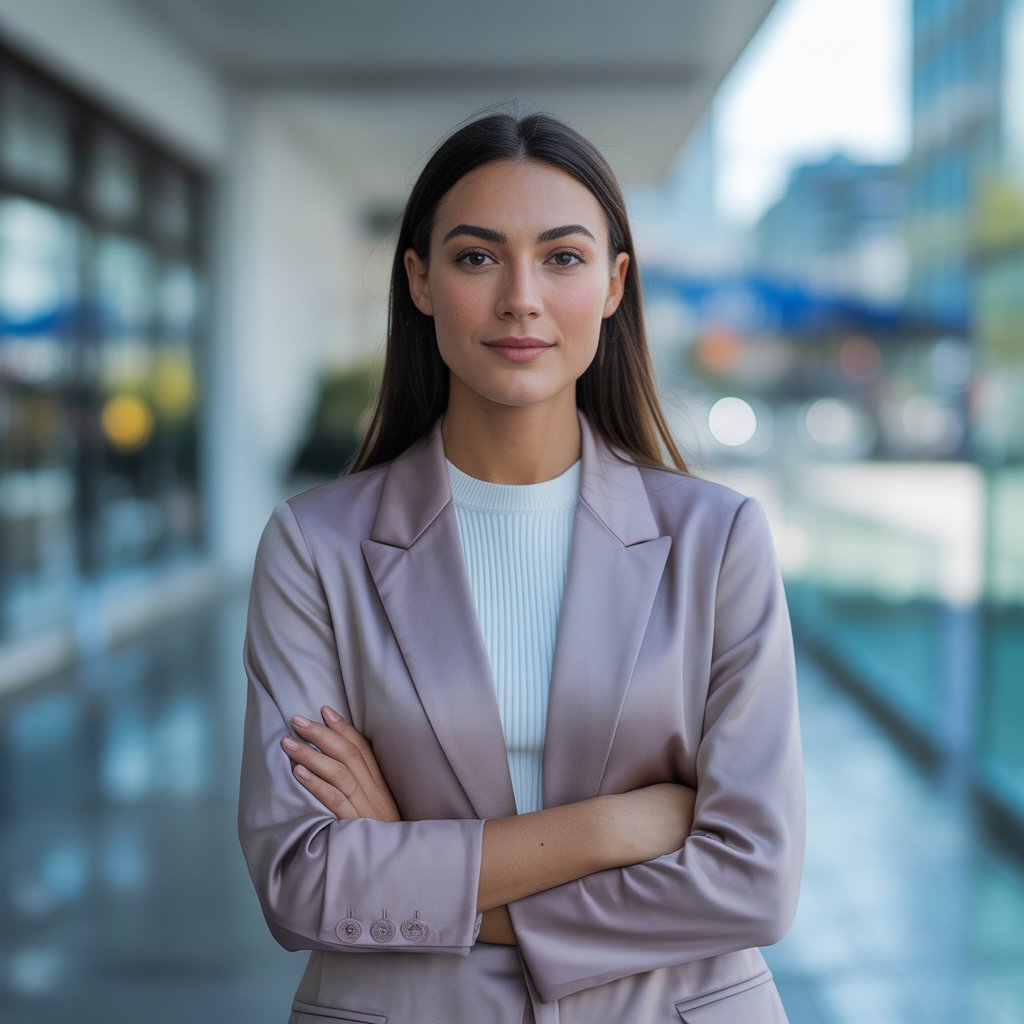 A confident young woman standing outdoors in a city, wearing a stylish outfit and smiling peacefully.