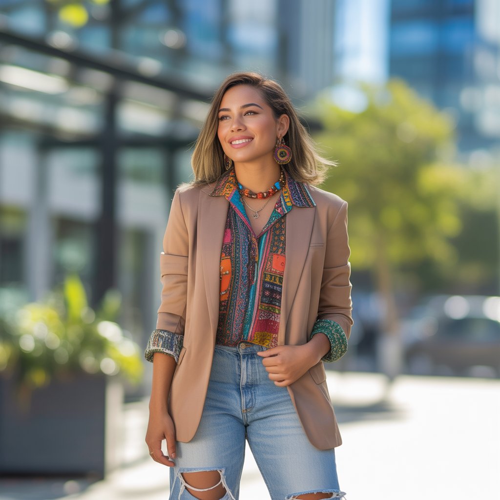 A young woman stands outdoors in a city setting wearing a mix of stylish clothing, smiling confidently.
