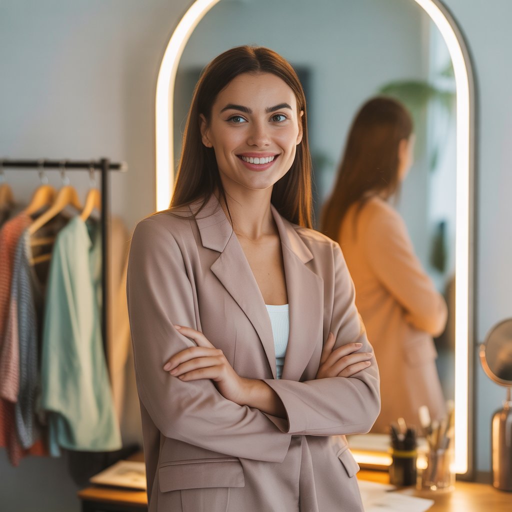 A young woman smiling confidently while looking at herself in a mirror, surrounded by clothing and fashion items.