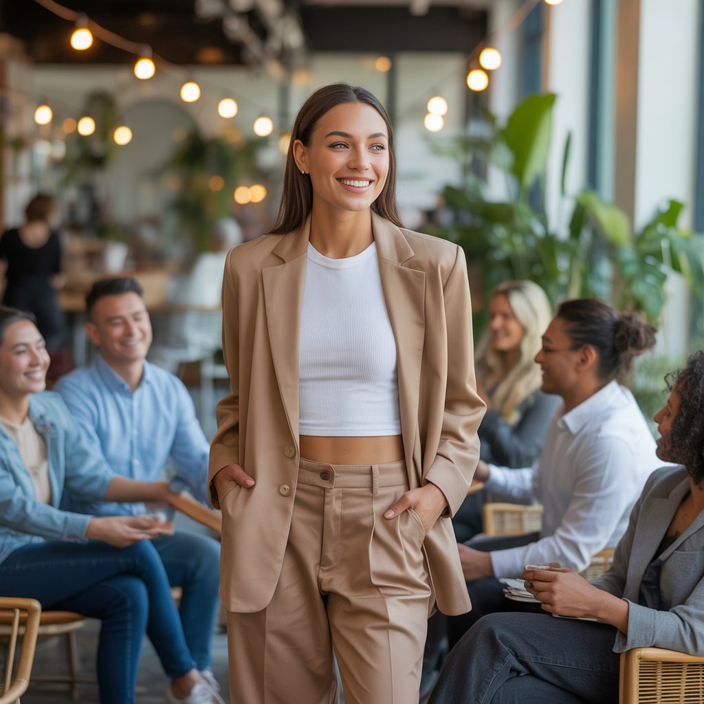 A confident young woman smiling and interacting with people in a bright, modern social setting.