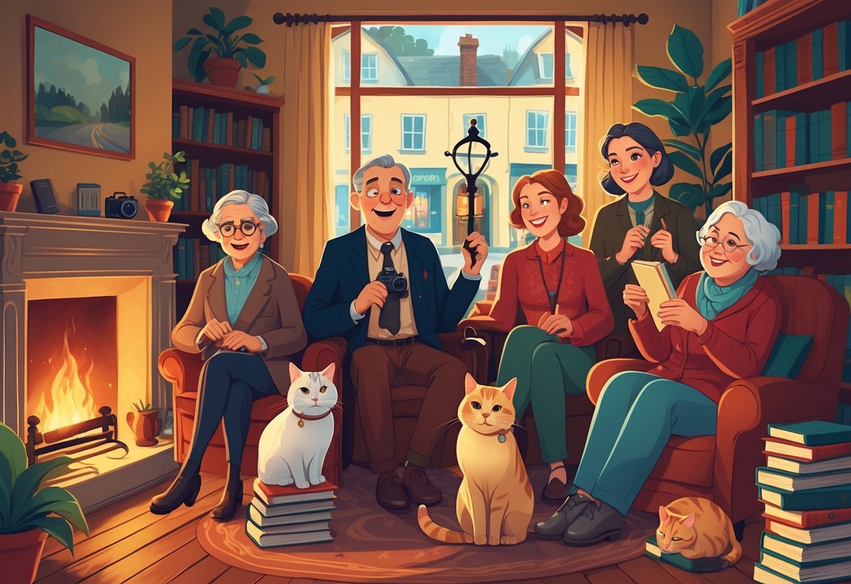 A group of friendly people in a cozy room filled with books and plants, including an elderly woman knitting, a man with a magnifying glass, a young woman with a camera, and a bookstore owner, with a cat resting on an armchair and a small town visible outside the window.