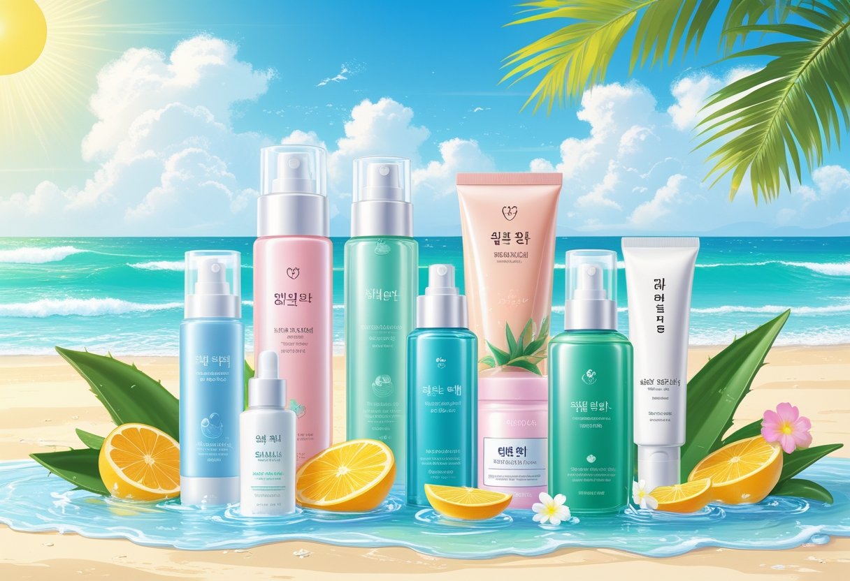A collection of K-beauty skincare products arranged on a beach setting with tropical flowers, citrus slices, and palm leaves under a sunny sky.