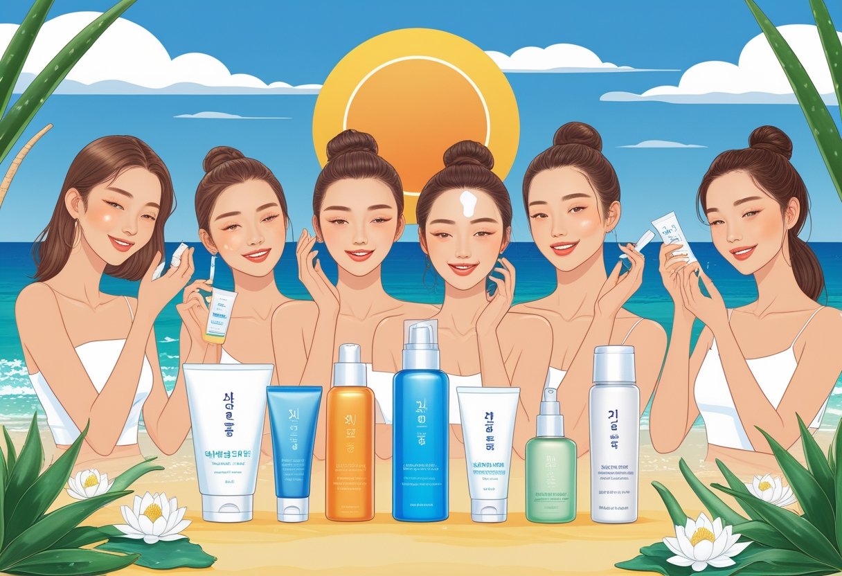 A sunny beach scene with young adults using skincare products surrounded by natural plants and ocean waves.