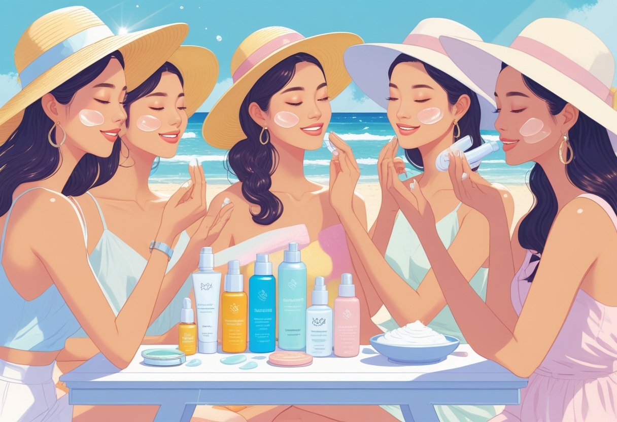 A group of women outdoors by the beach applying K-Beauty skincare products like sunscreen and serums during summer.