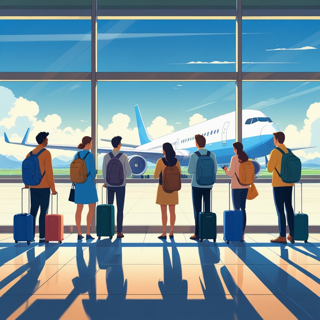 مجموعة من المسافرين في مطار مع حقائبهم وطائرة كبيرة خلف النوافذ الزجاجية.