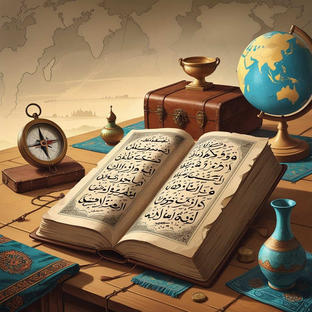 كتاب مفتوح على طاولة خشبية مع بوصلة قديمة وحقيبة جلدية وخريطة وعناصر ثقافية تمثل السفر.