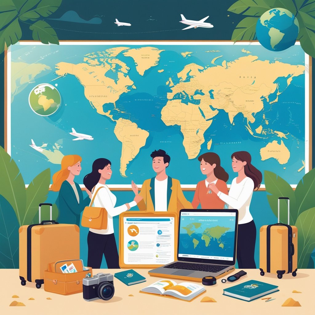 مجموعة من الأشخاص يتفاعلون مع خريطة عالمية وحقيبة سفر مفتوحة تحتوي على مستلزمات السفر في مشهد يعبر عن موضوع السفر.
