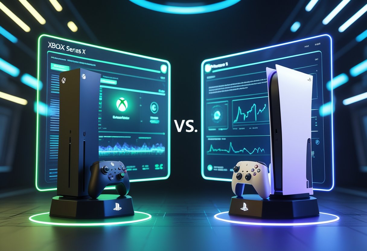 Two modern gaming consoles facing each other with glowing lights and holographic data floating between them in a futuristic setting.