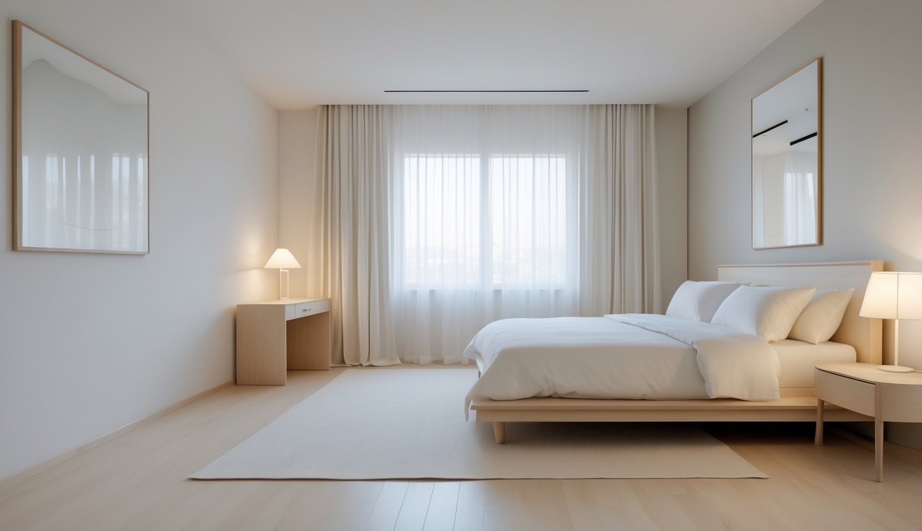 Sebuah kamar tidur dengan tempat tidur rapi, meja kecil dengan lampu, jendela besar yang mengizinkan cahaya alami masuk, dan lantai kayu terang.