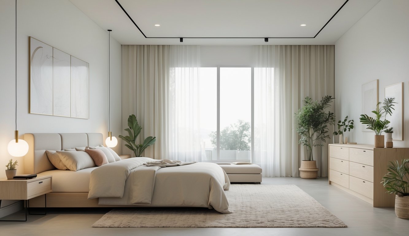 Sebuah kamar tidur dengan tempat tidur besar, perabot kayu minimalis, jendela besar dengan tirai tipis, tanaman hias, dan suasana yang nyaman.