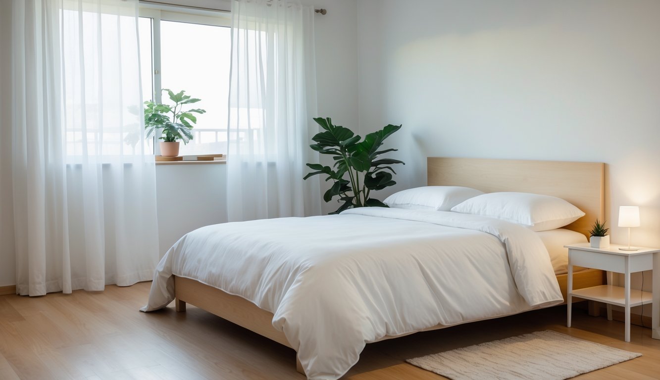 Kamar tidur sederhana dengan tempat tidur rapi, meja kecil dengan lampu, dan tanaman hijau di sudut ruangan.