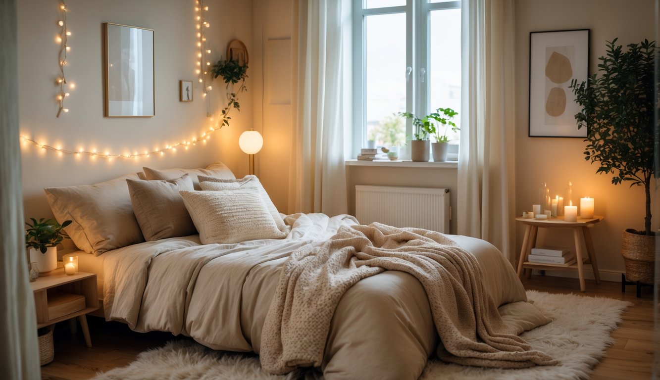 Kamar tidur yang rapi dengan tempat tidur, lampu, tanaman, dan dekorasi sederhana.