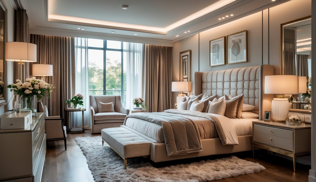 Sebuah kamar tidur mewah dengan tempat tidur besar, perabotan elegan, dan pencahayaan hangat.