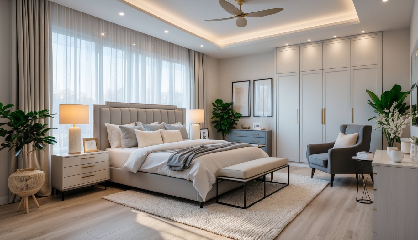 Kamar tidur dengan penataan furnitur yang rapi dan terorganisir, menampilkan tempat tidur, meja samping, kursi, lemari, dan dekorasi tanaman.