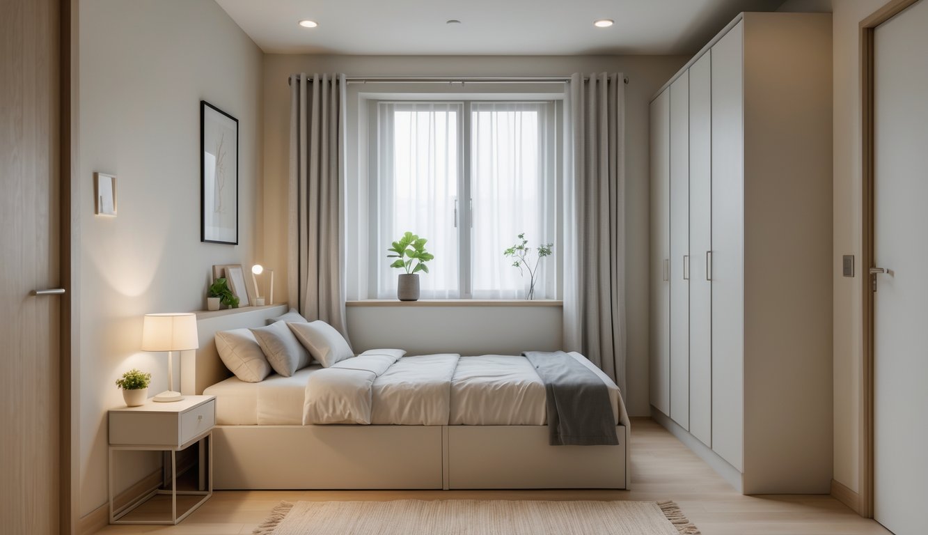Kamar tidur kecil yang rapi dengan tempat tidur, meja samping, jendela, dan dekorasi sederhana.