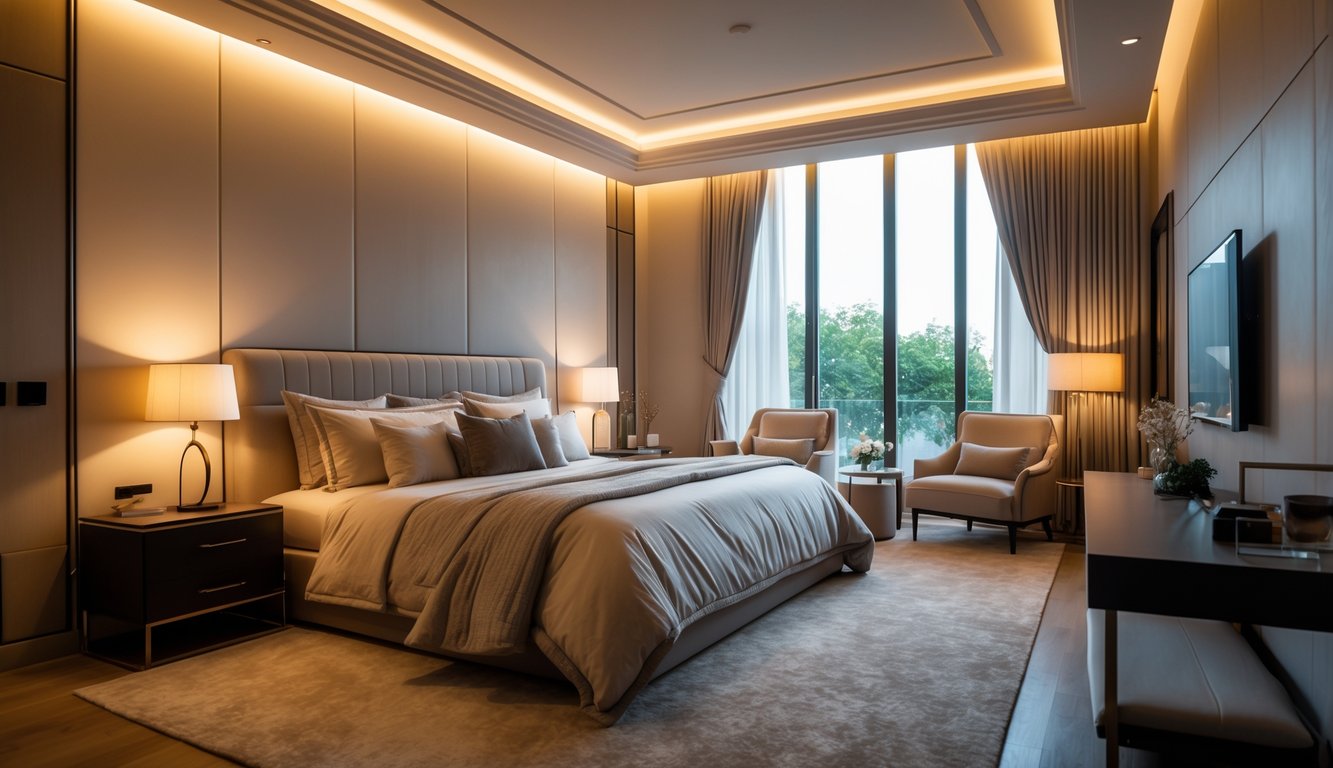 Sebuah kamar tidur dengan pencahayaan hangat dan elegan, menampilkan tempat tidur besar dan furnitur minimalis.