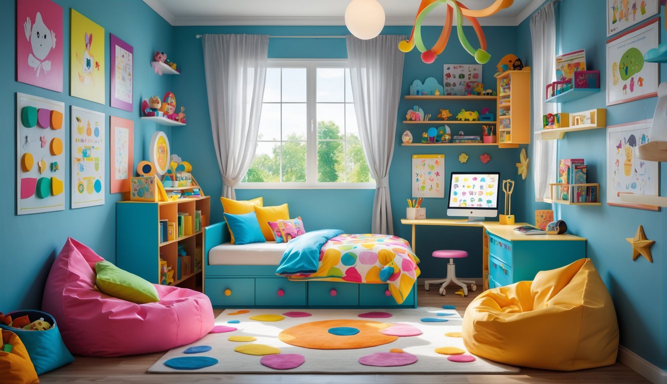 Kamar tidur anak dengan desain kreatif yang penuh warna, tempat tidur, meja belajar, rak mainan, dan dekorasi dinding.