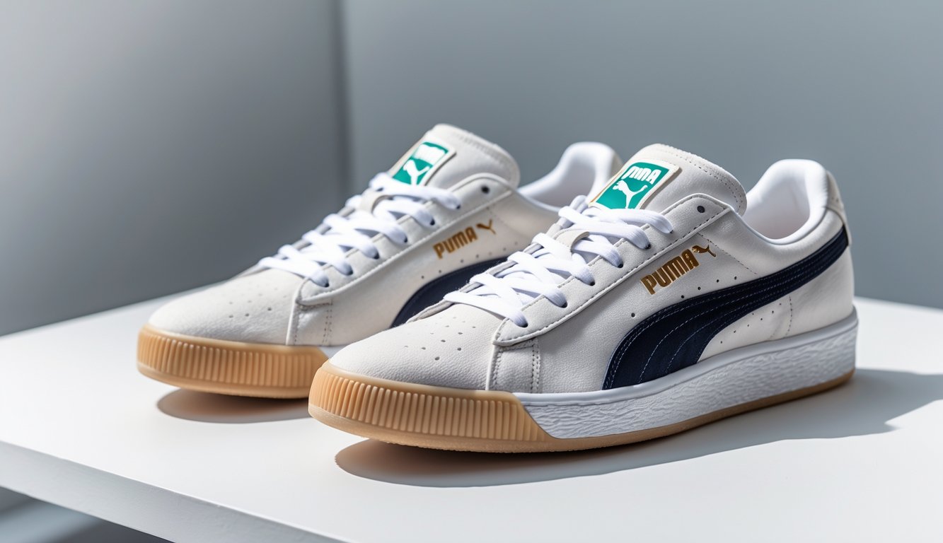 Sepasang sepatu Puma asli berwarna putih dengan logo hitam diletakkan di atas permukaan putih.