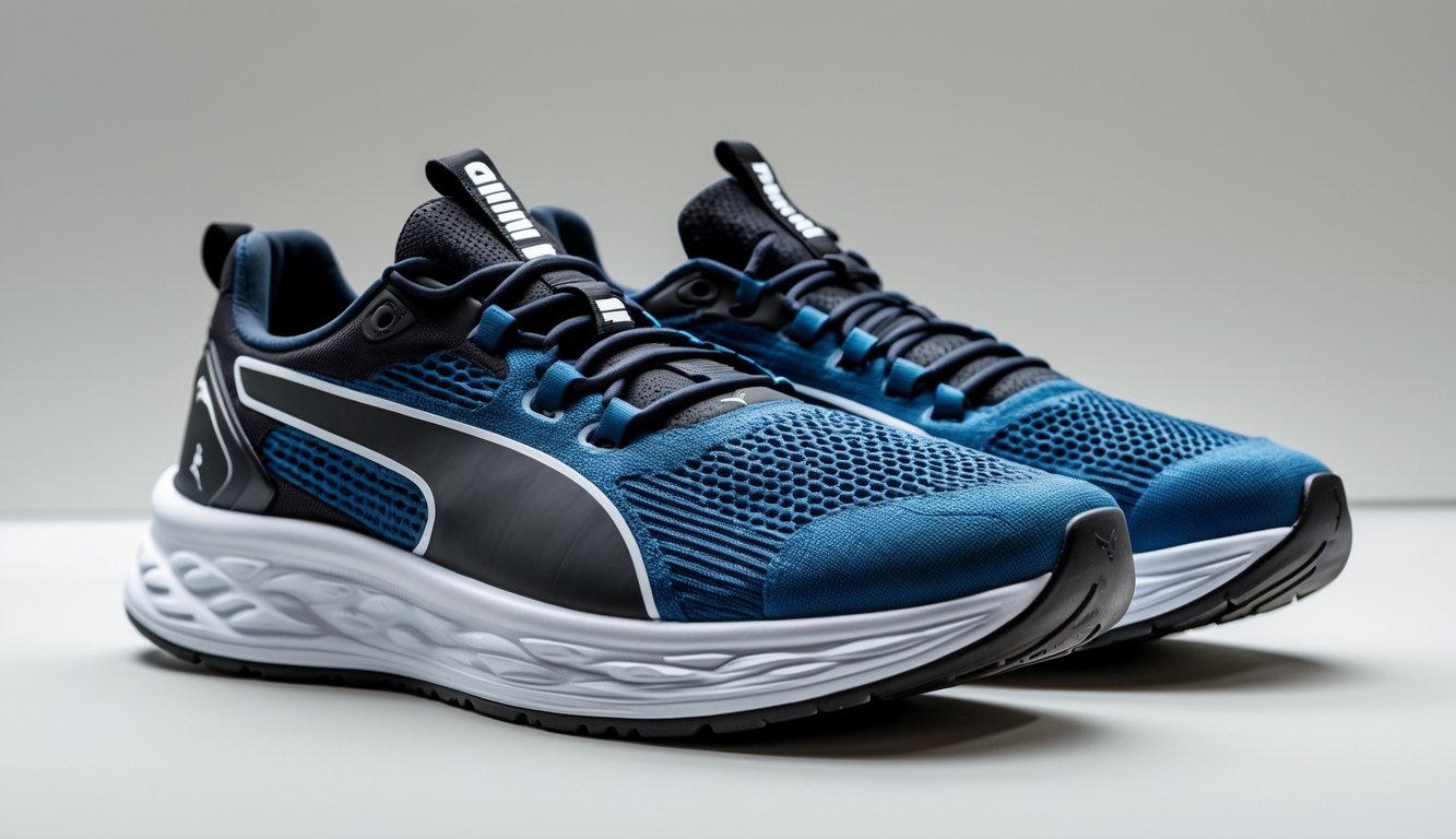 Sepatu lari Puma berwarna cerah diletakkan berdampingan di latar belakang netral.