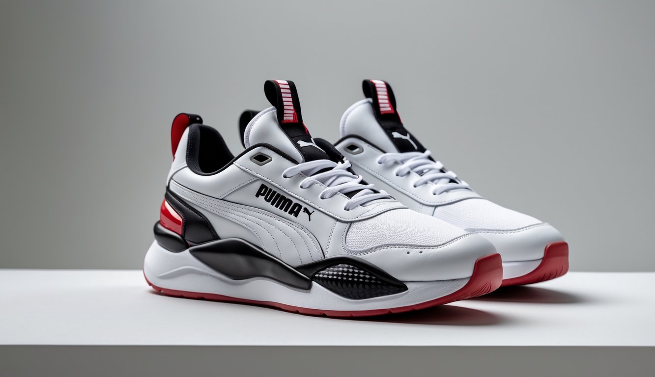 Sepasang sepatu Puma pria berwarna putih dengan aksen hitam dan merah, ditempatkan di latar belakang netral.