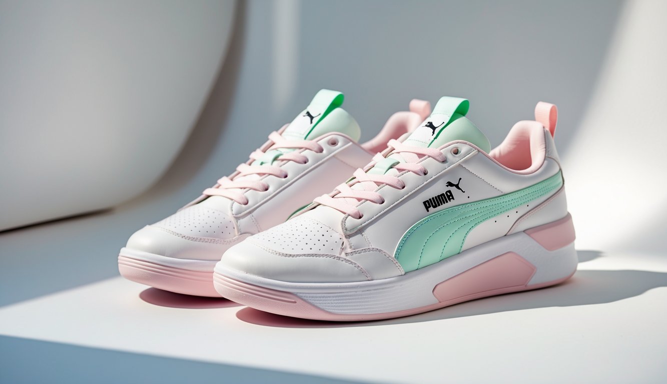 Sepasang sepatu Puma wanita berwarna putih dengan aksen pastel, diletakkan di atas latar belakang netral.