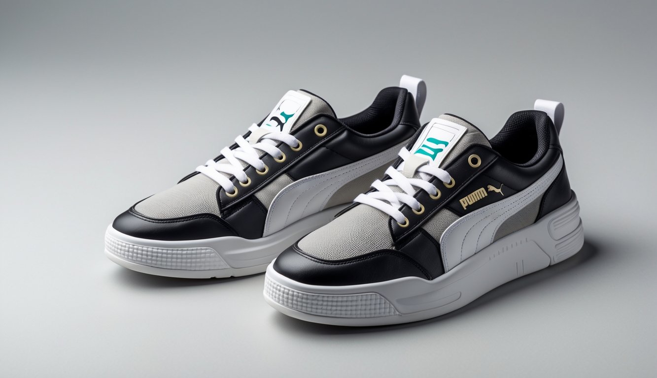Sepasang sepatu Puma casual diletakkan di latar belakang netral tanpa teks atau objek lain.