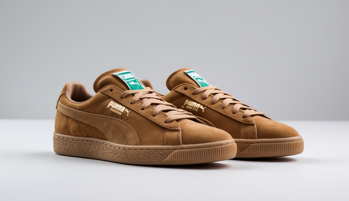 Sepasang sepatu Puma Suede Classic berwarna cerah diletakkan di atas latar putih bersih.