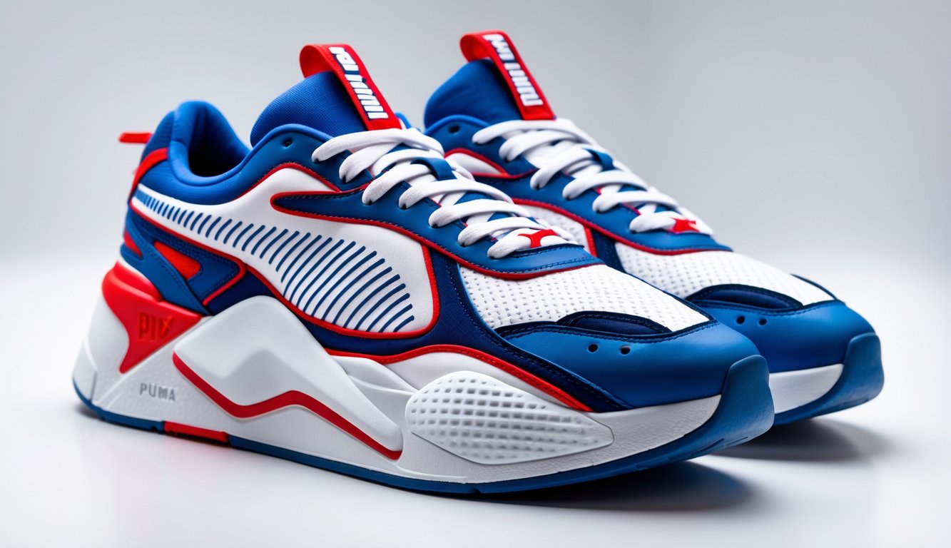 Sepasang sepatu Puma RS-X Series berwarna cerah diletakkan berdampingan pada latar belakang putih bersih.